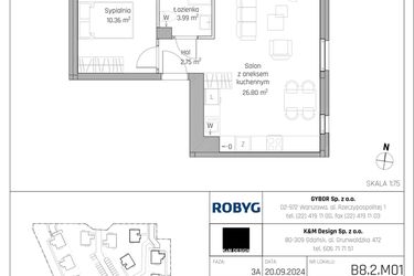 Rzut - Mieszkanie na sprzedaż 2 pokoje o powierzchni 43,9 m² - numer B8.2M01 w ROSA Residence etap II