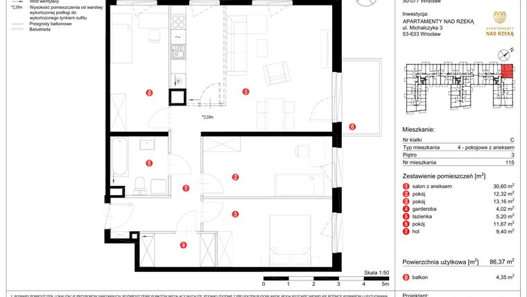 Rzut - Mieszkanie na sprzedaż 4 pokoje o powierzchni 86,37 m² - numer 115 w Apartamenty nad Rzeką