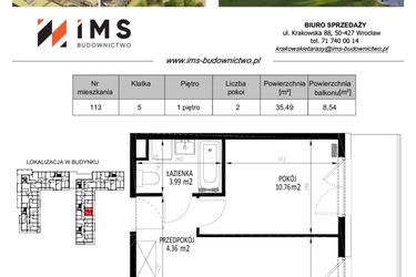 Rzut - Mieszkanie na sprzedaż 2 pokoje o powierzchni 35,5 m² - numer 113 w Krakowskie Tarasy etap V