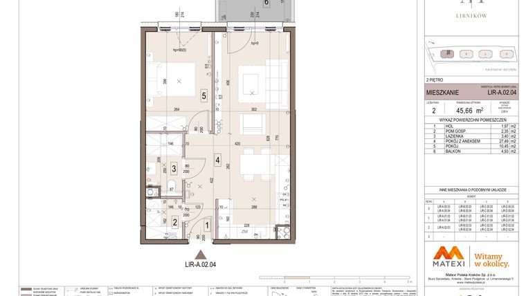 Rzut - Mieszkanie na sprzedaż 2 pokoje o powierzchni 45,66 m² - numer A.02.04 w Takt Lirników