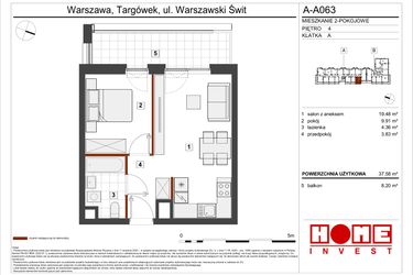 Rzut - Mieszkanie na sprzedaż 2 pokoje o powierzchni 37,58 m² - numer A-A063 w Warszawski Świt etap VII