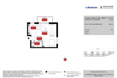 Rzut - Mieszkanie na sprzedaż 1 pokój o powierzchni 42,89 m² - numer WR3 1/1/10/1k w Przystań Reymonta etap II