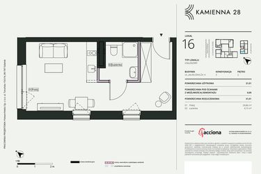 Rzut - Mieszkanie na sprzedaż 1 pokój o powierzchni 31,01 m² - numer 4.16 w Kamienna 28 - apartamenty inwestycyjne