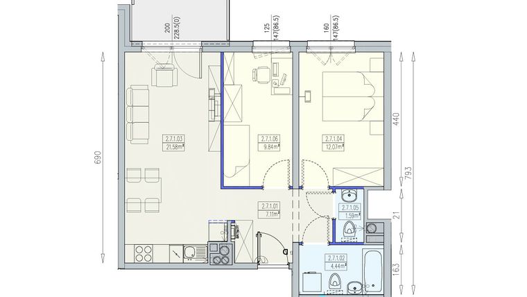 Rzut - Mieszkanie na sprzedaż 3 pokoje o powierzchni 56,63 m² - numer K1 2/7/1/3a w Południk 17 - budynek K1