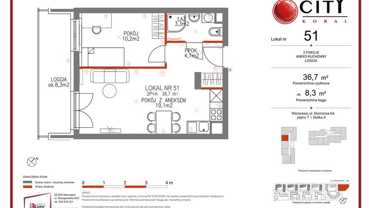 Rzut - Mieszkanie na sprzedaż 2 pokoje o powierzchni 36,7 m² - numer 51 w Comfort City Koral
