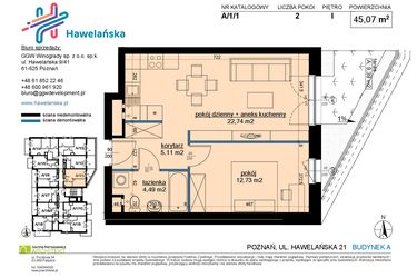 Rzut - Mieszkanie na sprzedaż 2 pokoje o powierzchni 45,07 m² - numer A/1/1 w Osiedle Hawelańska etap III - bud. A