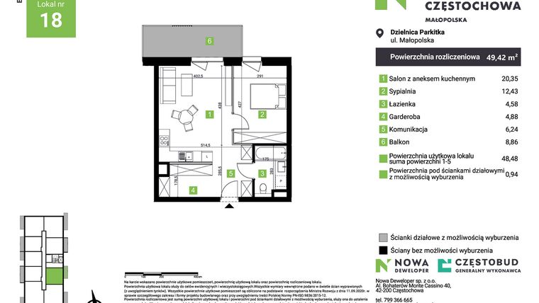 Rzut - Mieszkanie na sprzedaż 2 pokoje o powierzchni 49,42 m² - numer E18 w Nowa Częstochowa Małopolska etap II
