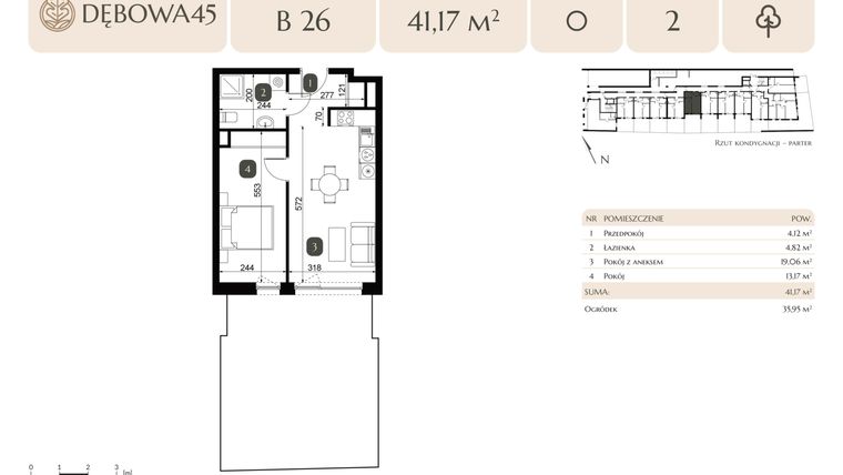 Rzut - Mieszkanie na sprzedaż 2 pokoje o powierzchni 41,17 m² - numer B.26 w Dębowa 45