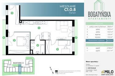 Rzut - Mieszkanie na sprzedaż 3 pokoje o powierzchni 62,35 m² - numer C1.0.8 w Bogatyńska Apartamenty etap 3