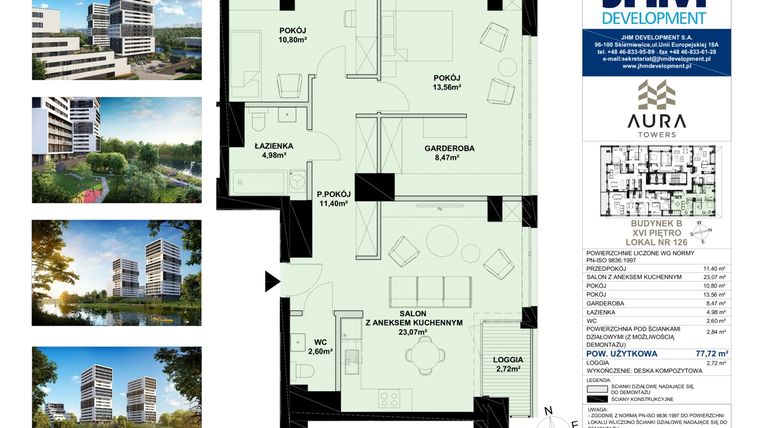 Rzut - Mieszkanie na sprzedaż 3 pokoje o powierzchni 77,27 m² - numer B.16.126 w Aura Towers