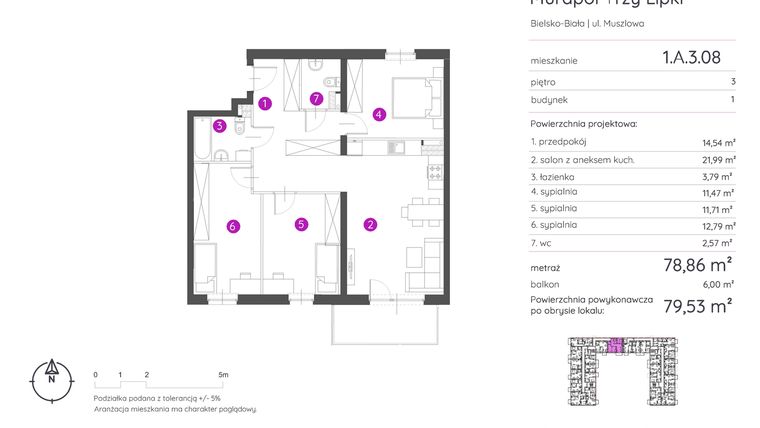 Rzut - Mieszkanie na sprzedaż 4 pokoje o powierzchni 79,53 m² - numer 1.A.3.08 w Murapol Trzy Lipki