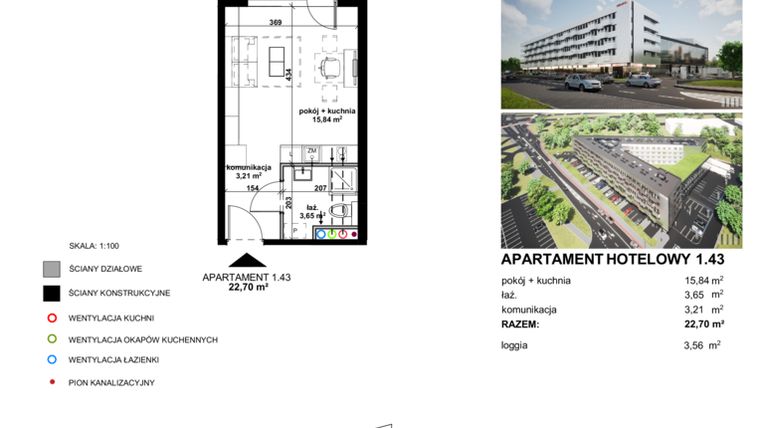 Rzut - Mieszkanie na sprzedaż 1 pokój o powierzchni 22,69 m² - numer 1.43 w Apartamentowiec Zwycięska 3 - inwestycyjne