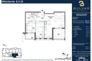 Rzut - Mieszkanie na sprzedaż 3 pokoje o powierzchni 81,61 m² - numer G.4.32 w Bulvar Apartments - etap I