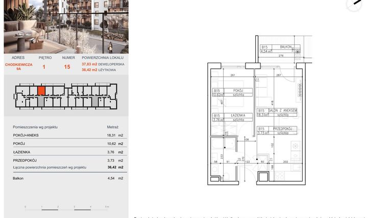Rzut - Mieszkanie na sprzedaż 2 pokoje o powierzchni 36,42 m² - numer B15 w Symfonia - Chodkiewicza 9
