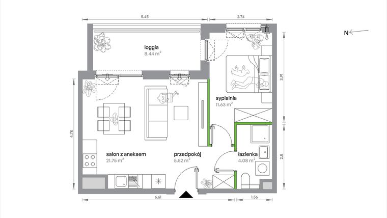 Rzut - Mieszkanie na sprzedaż 2 pokoje o powierzchni 42,98 m² - numer 1/A/3/4 w Sochaczewska Vita