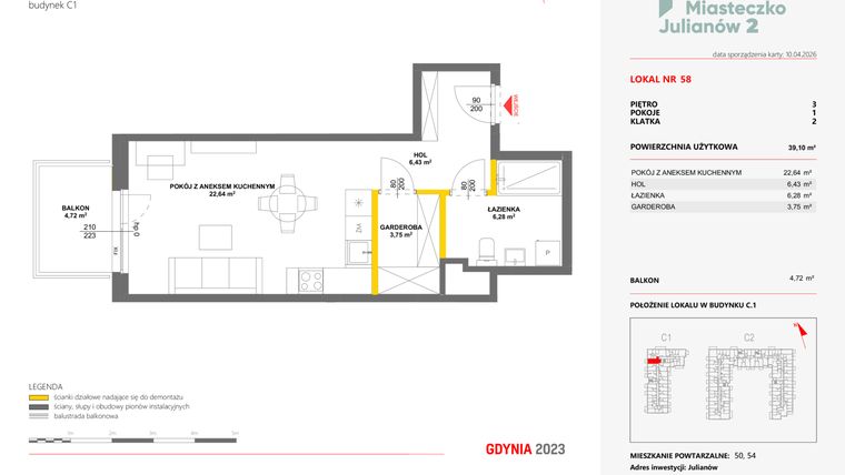 Rzut - Mieszkanie na sprzedaż 1 pokój o powierzchni 39,1 m² - numer 58 w Miasteczko Julianów etap 2