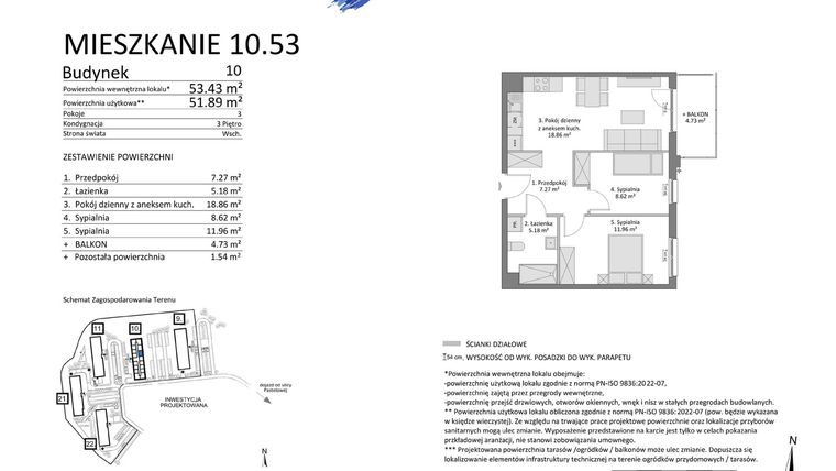 Rzut - Mieszkanie na sprzedaż 3 pokoje o powierzchni 51,89 m² - numer 10.53 w Osiedle Pastelowe etap IV