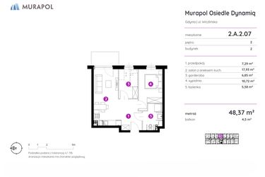 Rzut - Mieszkanie na sprzedaż 2 pokoje o powierzchni 48,37 m² - numer 2.A.2.07 w Murapol Osiedle Dynamiq