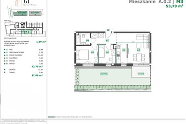 Rzut - Mieszkanie na sprzedaż 3 pokoje o powierzchni 55,43 m² - numer A.0.2 w Apartamenty Pszczyńska