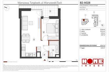 Rzut - Mieszkanie na sprzedaż 2 pokoje o powierzchni 40,67 m² - numer B2-A028 w Warszawski Świt etap IX