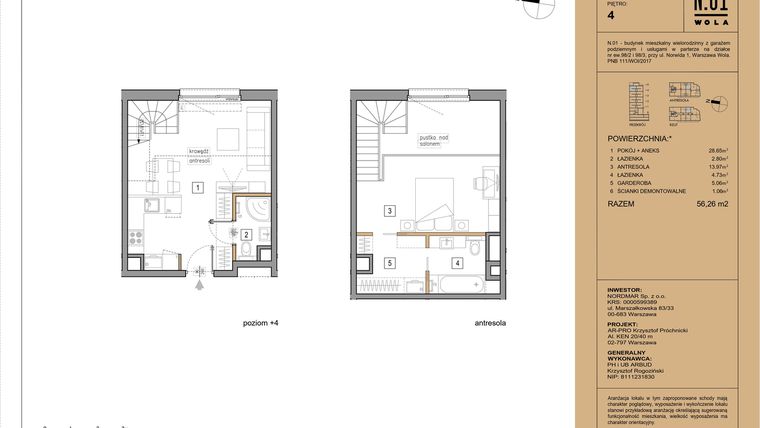 Rzut - Mieszkanie na sprzedaż 2 pokoje o powierzchni 56,22 m² - numer 4.3 w N.01 Wola City Loft