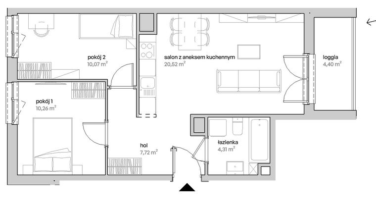 Rzut - Mieszkanie na sprzedaż 3 pokoje o powierzchni 52,88 m² - numer D.08.251 w Unii Lubelskiej Vita