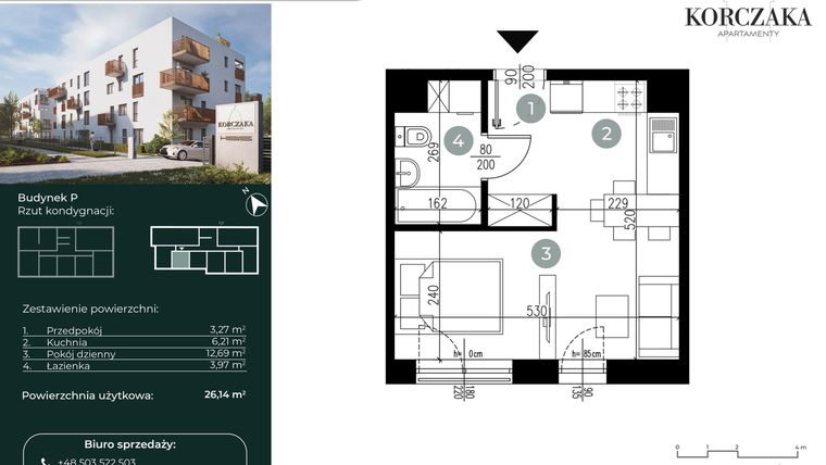 Rzut - Mieszkanie na sprzedaż 1 pokój o powierzchni 26,14 m² - numer P.IV.06 w Korczaka Apartamenty