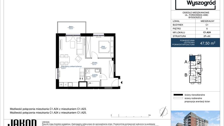 Rzut - Mieszkanie na sprzedaż 2 pokoje o powierzchni 47,5 m² - numer C1.A24 w Nowy Wyszogród etap II