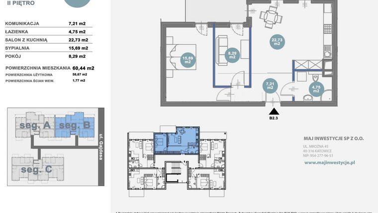 Rzut - Mieszkanie na sprzedaż 2 pokoje o powierzchni 60,44 m² - numer B2.3 w Nowy Radzionków