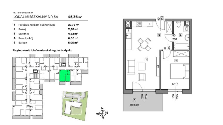 Rzut - Mieszkanie na sprzedaż 2 pokoje o powierzchni 45,36 m² - numer 64 w Nova Radiostacja