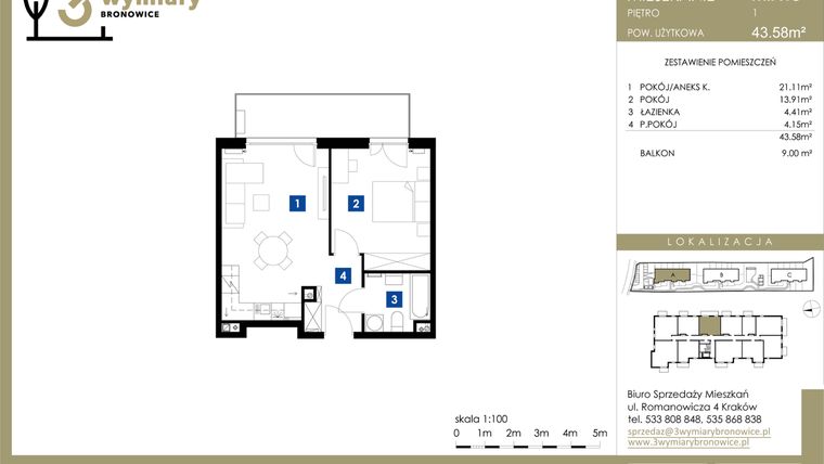 Rzut - Mieszkanie na sprzedaż 2 pokoje o powierzchni 43,58 m² - numer M.A18 w 3 Wymiary Bronowice