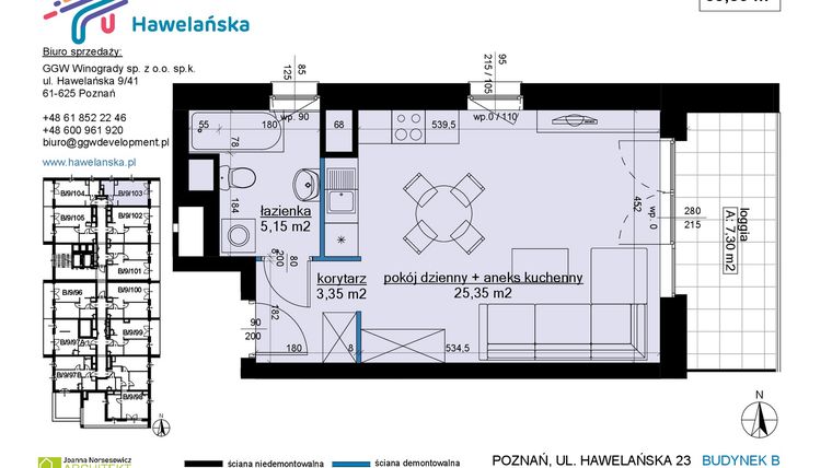 Rzut - Mieszkanie na sprzedaż 1 pokój o powierzchni 33,85 m² - numer B/9/103 w Osiedle Hawelańska etap III - bud. B