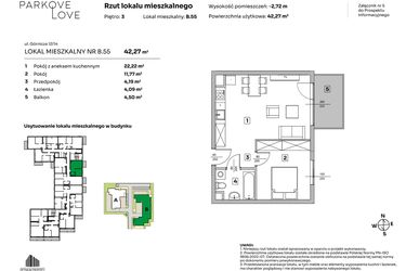 Rzut - Mieszkanie na sprzedaż 2 pokoje o powierzchni 42,27 m² - numer B.55 w Parkove Love