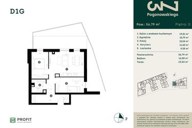 Rzut - Mieszkanie na sprzedaż 3 pokoje o powierzchni 56,86 m² - numer D-1G w Pogonowskiego 73