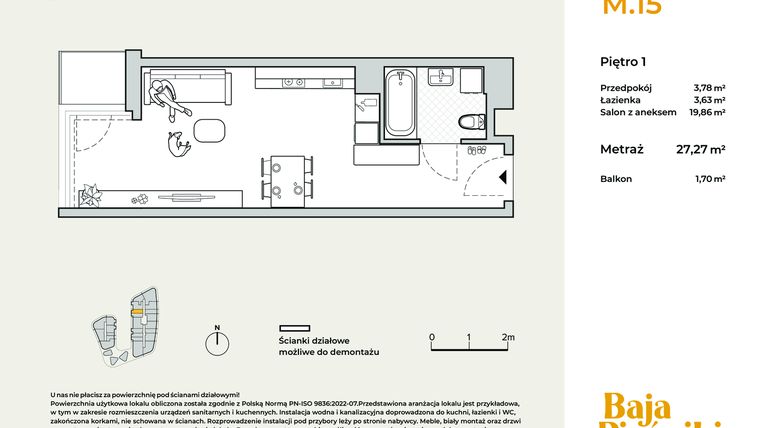 Rzut - Mieszkanie na sprzedaż 1 pokój o powierzchni 27,27 m² - numer M15 w Baja Piaśniki
