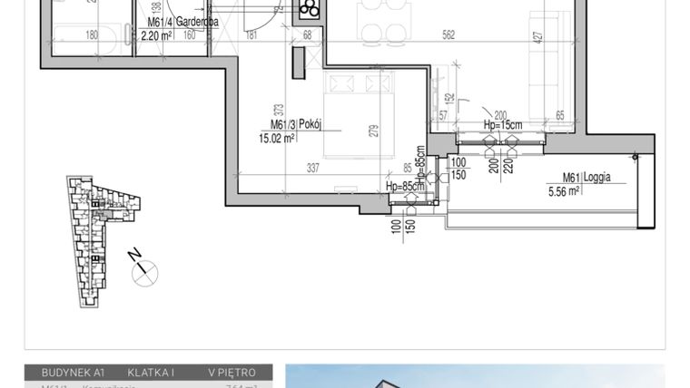 Rzut - Mieszkanie na sprzedaż 2 pokoje o powierzchni 53,87 m² - numer 61 w Aleja