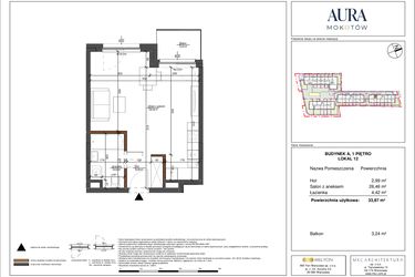 Rzut - Mieszkanie na sprzedaż 1 pokój o powierzchni 33,91 m² - numer 12 w Aura Mokotów II