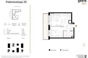 Rzut - Mieszkanie na sprzedaż 2 pokoje o powierzchni 39,15 m² - numer B3 w Paderewskiego 29