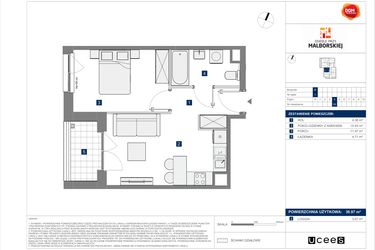 Rzut - Mieszkanie na sprzedaż 2 pokoje o powierzchni 36,97 m² - numer B.29 w Osiedle przy Malborskiej II