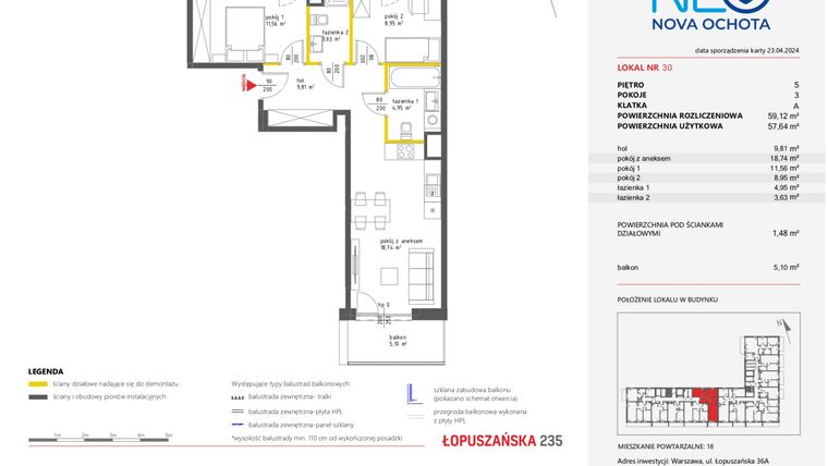Rzut - Mieszkanie na sprzedaż 3 pokoje o powierzchni 59,12 m² - numer 30 w Neo Nova Ochota