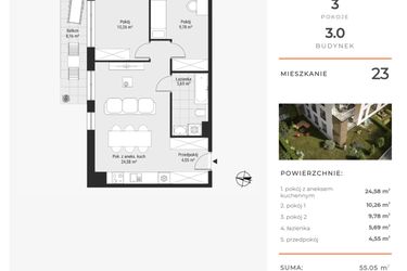 Rzut - Mieszkanie na sprzedaż 3 pokoje o powierzchni 55,05 m² - numer 23 w Bytkowska 3.0