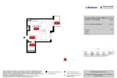 Rzut - Mieszkanie na sprzedaż 1 pokój o powierzchni 40,18 m² - numer WR3 1/2/11/1a w Przystań Reymonta etap II
