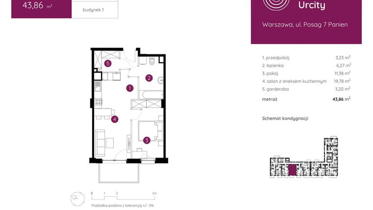 Rzut - Mieszkanie na sprzedaż 2 pokoje o powierzchni 43,86 m² - numer 1.B.3.03 w Murapol Urcity