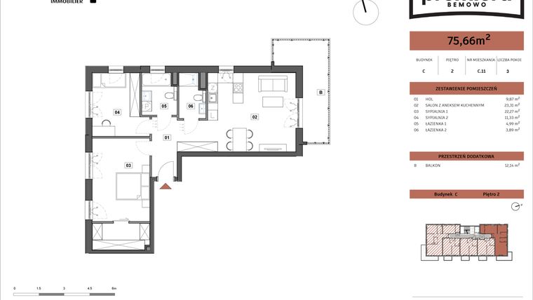 Rzut - Mieszkanie na sprzedaż 3 pokoje o powierzchni 75,66 m² - numer C.11 w Premiera Bemowo
