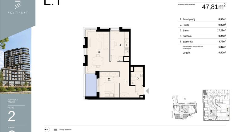Rzut - Mieszkanie na sprzedaż 2 pokoje o powierzchni 49,13 m² - numer L1 w Sky Trust etap II - apartamenty inwestycyjne 23% VAT PRS