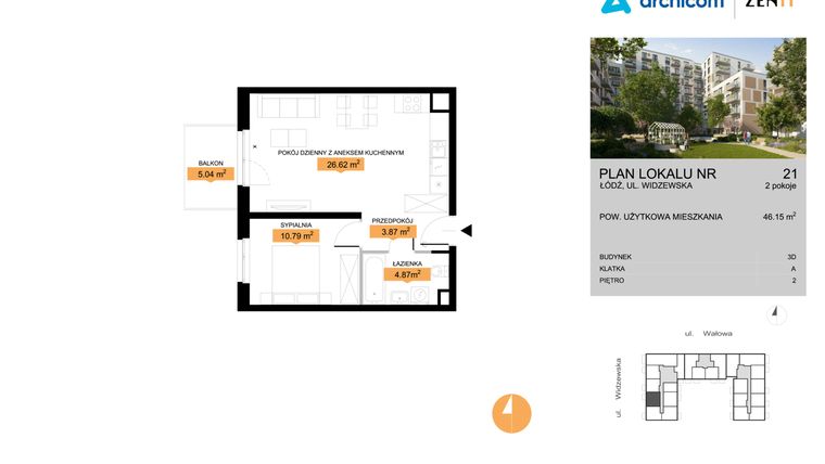 Rzut - Mieszkanie na sprzedaż 2 pokoje o powierzchni 46,15 m² - numer 3D.21 w Zenit III