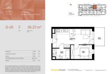 Rzut - Mieszkanie na sprzedaż 2 pokoje o powierzchni 36,23 m² - numer M26_NF.d w Nowe Flisy II