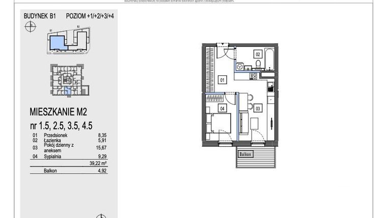 Rzut - Mieszkanie na sprzedaż 2 pokoje o powierzchni 39,22 m² - numer B1.3.5 w Chryzantemovo
