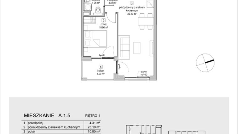 Rzut - Mieszkanie na sprzedaż 2 pokoje o powierzchni 44,56 m² - numer A.1.5 w ATAL Symbioza IA