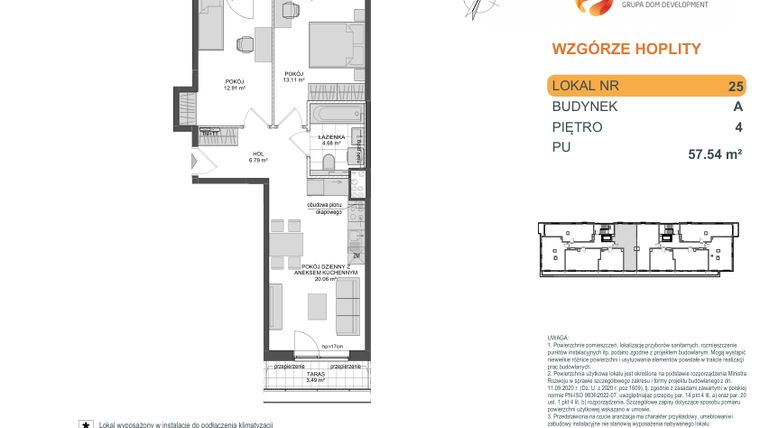 Rzut - Mieszkanie na sprzedaż 3 pokoje o powierzchni 57,54 m² - numer 1_1_A_4_25 w Wzgórze Hoplity
